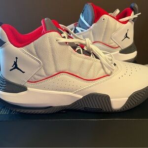 Jordan Mid-Top Sneakers in White, Red & Gray